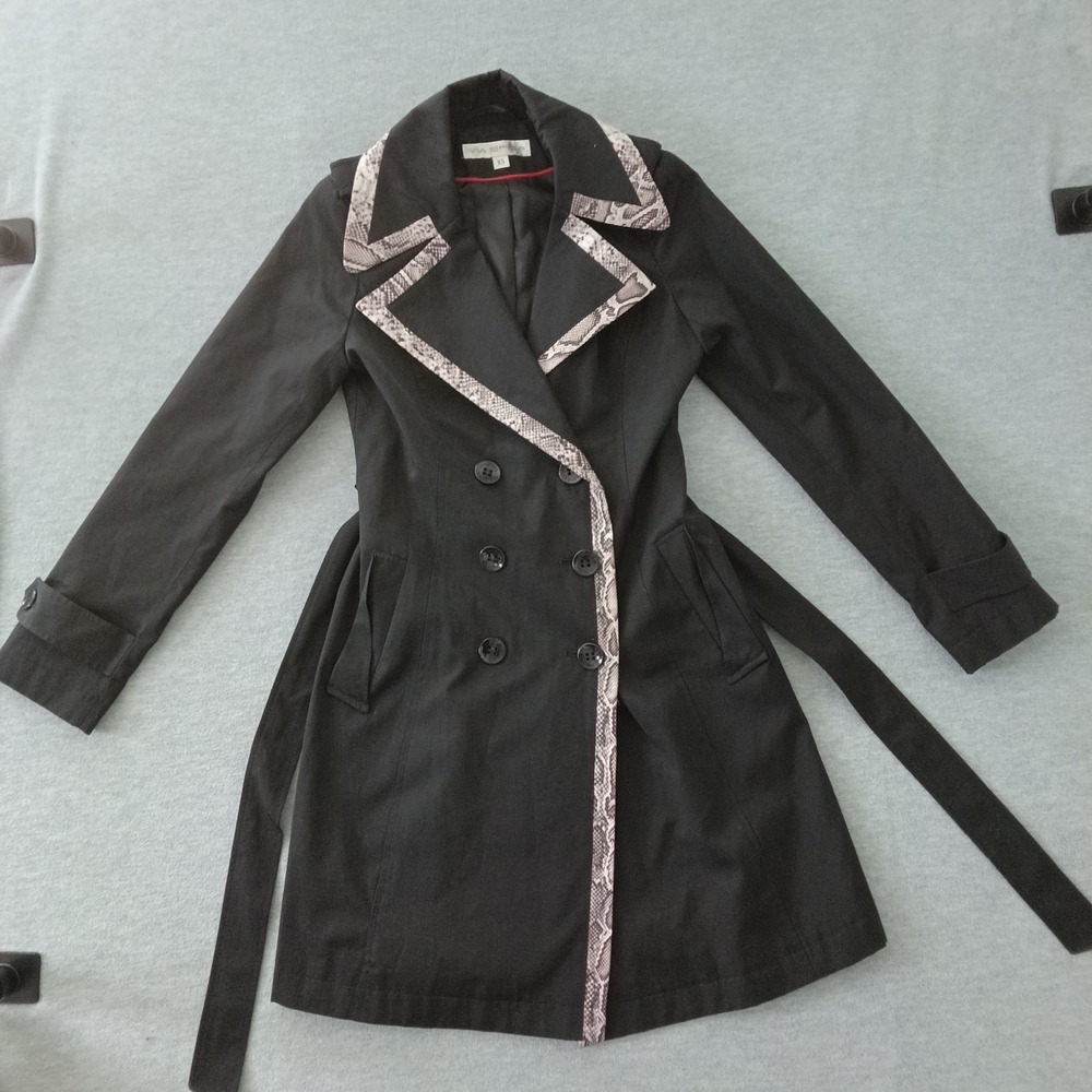 Via Spiga Black Trench Coat Snakeskin Trim Double Breasted Belted XS